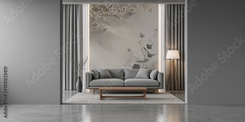 Gray loft interior with flo...