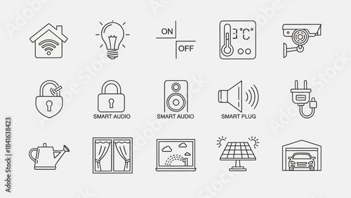 Outline illustrations showcasing smart home automation technology features and devices