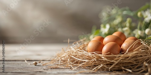 Eggs on a straw-filled nest...