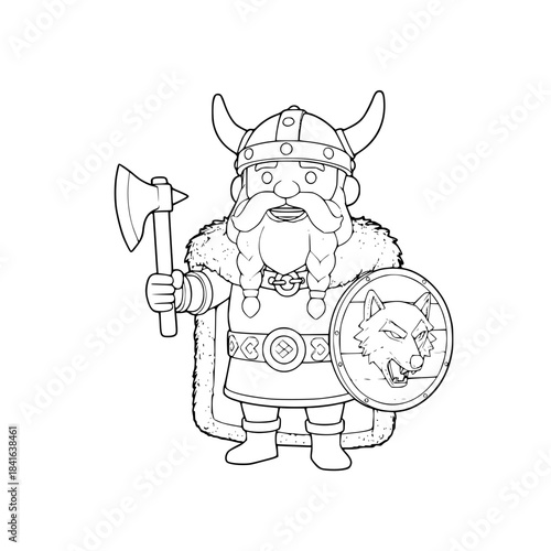 Viking Warrior Line Art. Cartoon Black and White Vector Icon for Coloring Book, Norse Mythology, Mascot, Axe, Shield, or Medieval History Design. Generative AI