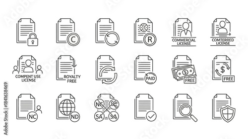 Collection of linear file license icons representing usage rights and restrictions for digital