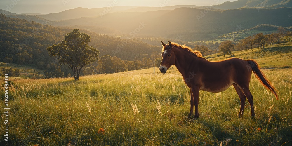 Fototapeta premium Australian brumby in a forest clearing with dense foliage and grassy terrain, highlighting wildlife environment