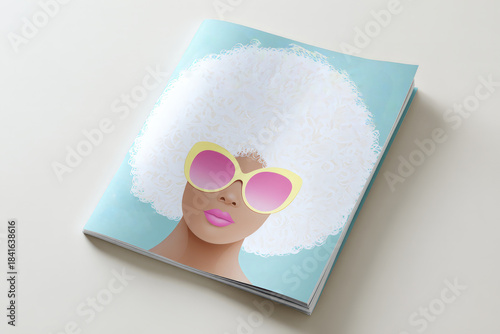 Stylish portrait of african female with afro and sunglasses in open magazine