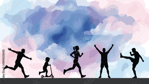 Silhouettes of people running, exercising, playing and celebrating against colorful abstract background representing fitness, energy, outdoor activity and healthy lifestyle concepts