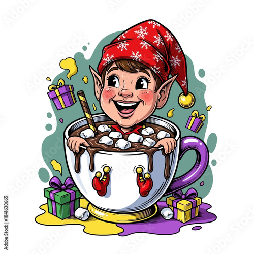Cheerful cartoon elf joyfully soaking in a giant mug of hot chocolate surrounded by festive holiday gifts and marshmallows