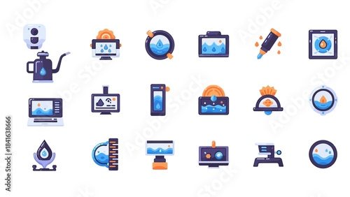 Collection of technology and science related icons in a modern flat design style.