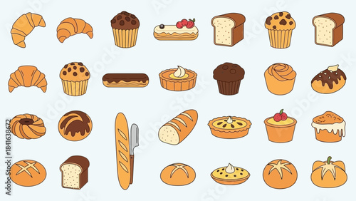 Delightful Assortment of Bakery Sweets Cartoon Style Illustration on Light Background