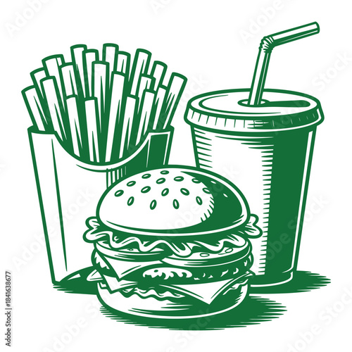 Vintage style line art illustration of a hamburger, french fries, and soda drink combo