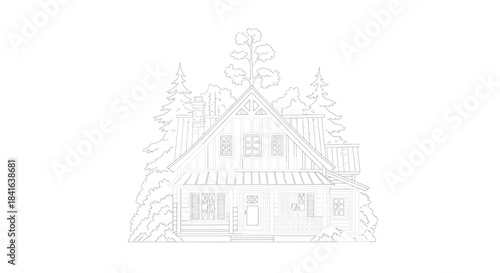 Detailed architectural sketch of a rustic cabin retreat nestled amongst tall pines and lush
