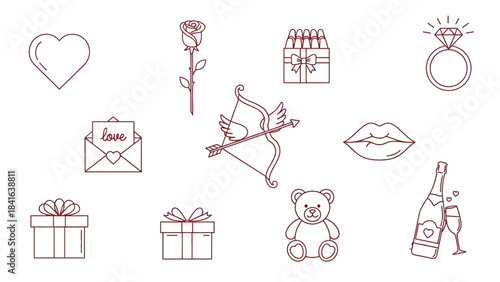 Collection of Valentines Day themed line art icons for love and romance.