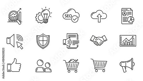 Outline illustrations of digital marketing, ecommerce and business concepts icons