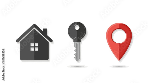 Modern minimalist real estate icons representing home key and location for finding property