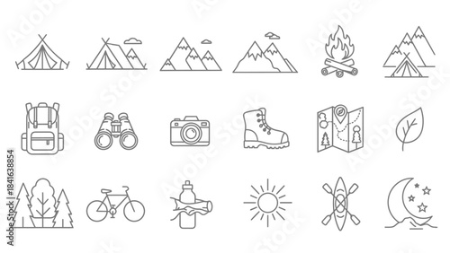 Line art icons symbolizing outdoor adventure, nature exploration and recreational activities