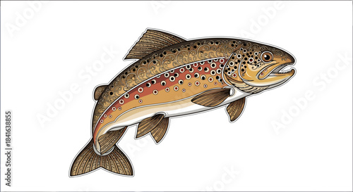 Detailed digital illustration of a brown trout leaping, showcasing intricate scale details and