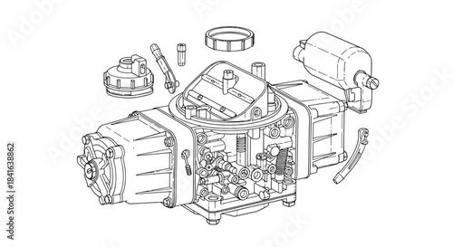 Detailed engineering illustration of a carburetor system showcasing precision components