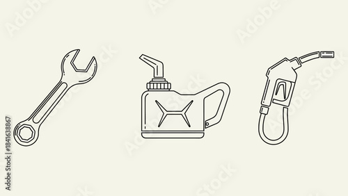 Automotive repair outline drawing showcasing a wrench, oil container, and gasoline pump nozzle