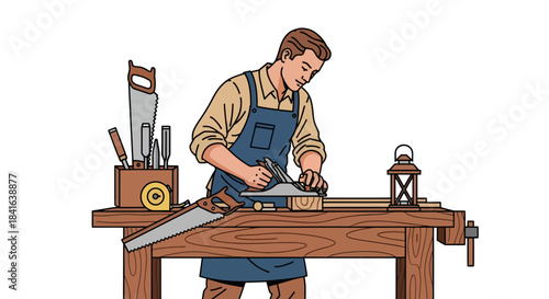 Detailed illustration of a carpenter at work using traditional woodworking tools with great