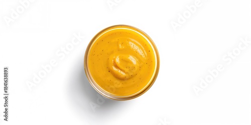 Homemade Dijon mustard sauce in a glass bowl on white background, used for condiment preparation