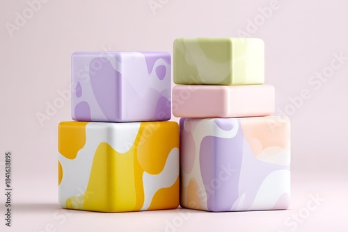 Colorful abstract geometric stacked cubes with pastel patterns on soft pink background