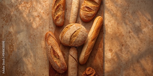 Bread arranged on a flat su...