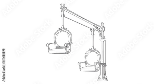 Detailed line art illustration of whimsical chairlift design with ornate architectural elements