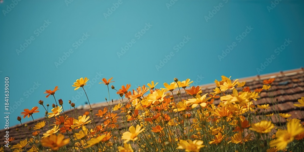 Obraz premium Bunch of orange and yellow cosmos blossoms adjacent to a brown roof with a clear blue sky, ideal for nature-themed layouts