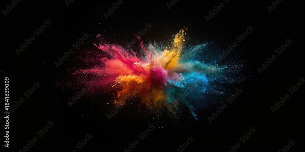 Obraz premium Colorful dust explosion in slow motion against a black background, visual impact and particle movement