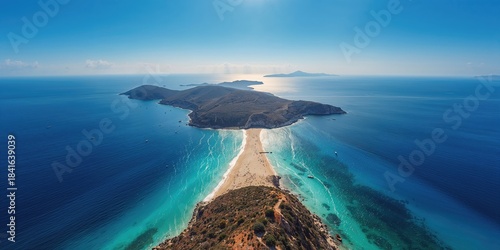 Fototapeta Naklejka Na Ścianę i Meble -  Aerial drone view of turquoise sandy beaches at Fanos and Finikas on a Greek island, natural coastal scenery
