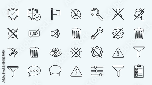 Diverse set of thin line icons representing security, control, and management features