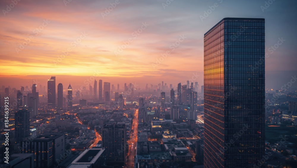 Fototapeta premium Skyscrapers with reflective surfaces, urban skyline background for structural study