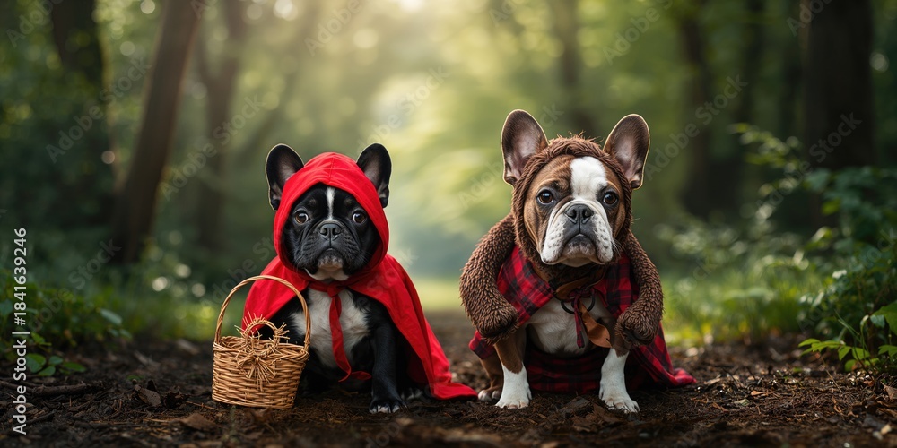 Fototapeta premium French Bulldog dressed as Little Red Riding Hood and Wolf among trees, highlighting costume play