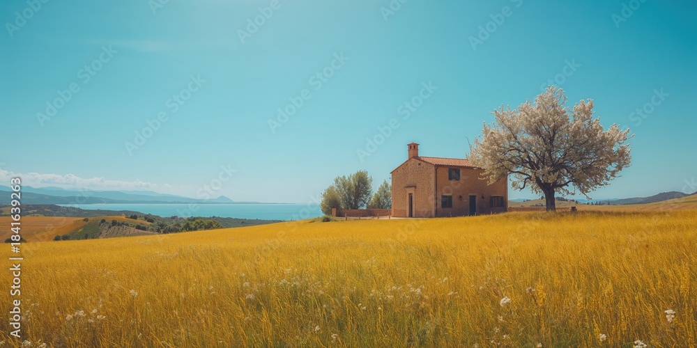 Naklejka premium Mallorca rural scenery featuring agricultural land and rustic architecture, ideal for editorial header background