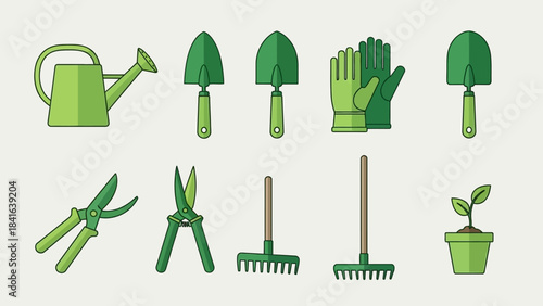 Collection of neatly arranged gardening tools on a light background conveying springtime and