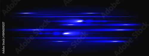 Blue laser light with beam flare and neon horizontal streak for technology illustration. Bright line with digital shine speed effect in dark space overlay. Abstract vector motion led strip