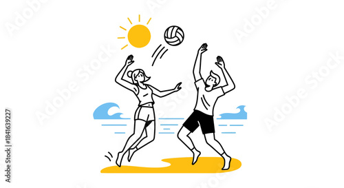 Dynamic beach volley scene showcasing summer leisure and athletic competition between friends