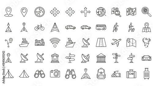 Collection of minimalist travel icons representing various means of transportation and navigation