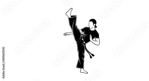 Dynamic martial artist executes high kick in a stylized monochrome illustration