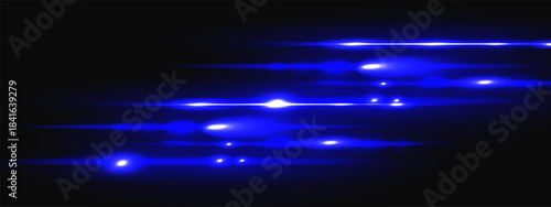 Laser beam with blue neon light and bright horizontal flare for casino background. Streak line effect with shine glow speed strip for black dark space. Abstract magic motion strip isolated