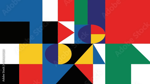 Dynamic geometric composition featuring bold primary colors and diverse shapes and patterns