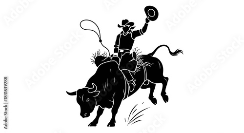 Dynamic silhouette portraying a cowboy fiercely riding a bucking bull in a rodeo spectacle