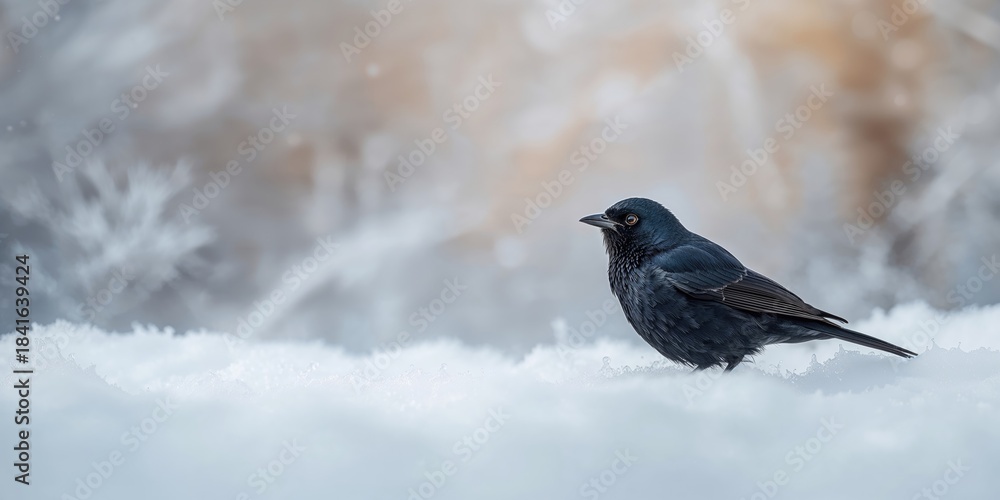 Fototapeta premium Blackbirds searching for food in winter snow, seasonal foraging behavior