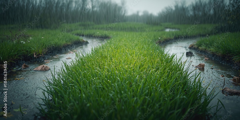 Naklejka premium Lush grass thriving in wetland environment, highlighting seasonal moisture impact on plant life