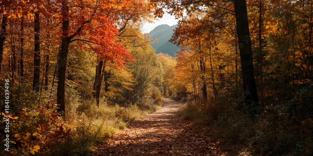 Obraz premium Autumn woodland trail with colorful foliage, ideal for outdoor activities and nature exploration