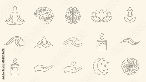 Spiritual wellness and mindfulness icons set depicting mental and physical well-being practices