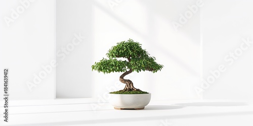 Bonsai tree in a pot on a w...