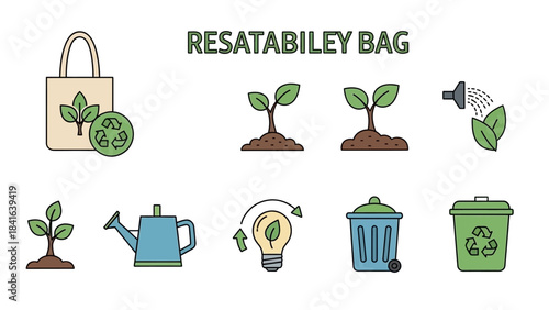 Sustainability icons set featuring plants growth recycle bag and waste management symbols