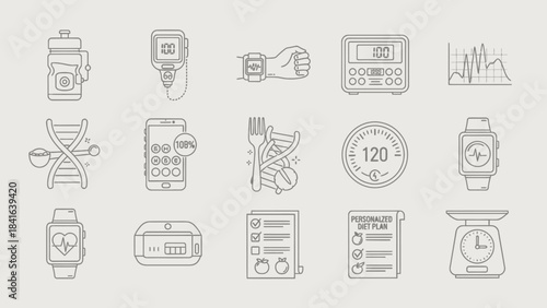 Collection of wellness gadgets and diet plan icons illustrating health and balanced lifestyle