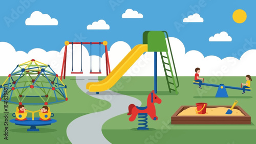 Cheerful playground scene with classic equipment and clear blue sky backdrop illustration