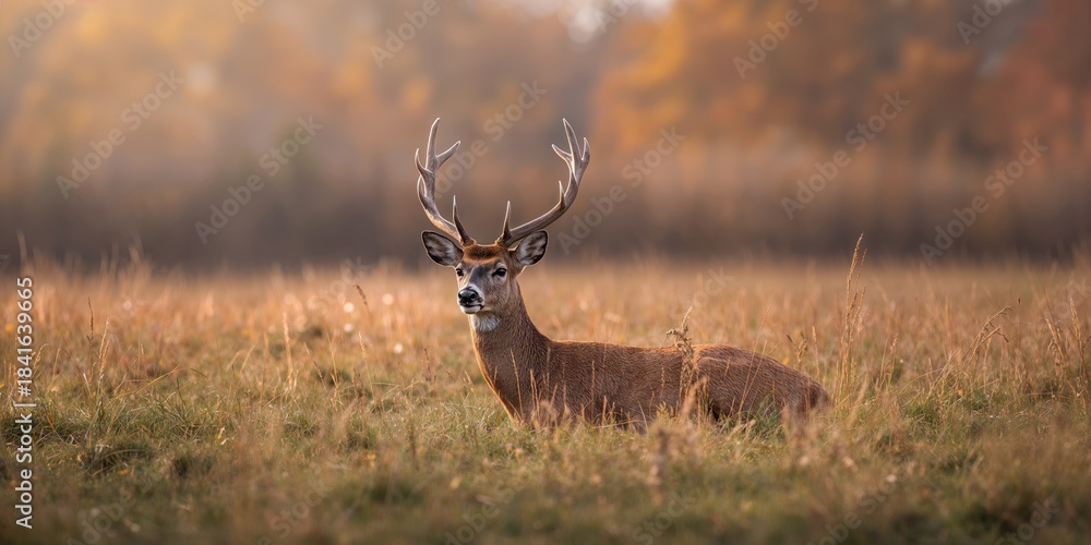 Fototapeta premium Close-up of a young red deer resting in grassland during autumn rutting season, seasonal behavior