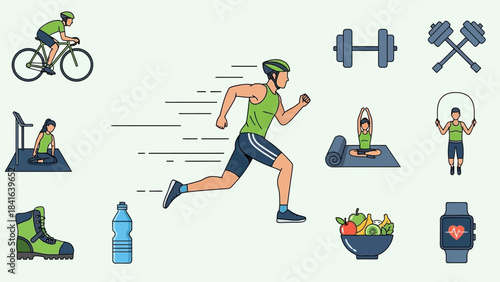 Diverse exercise and fitness vector icons promote active and healthy lifestyle choices